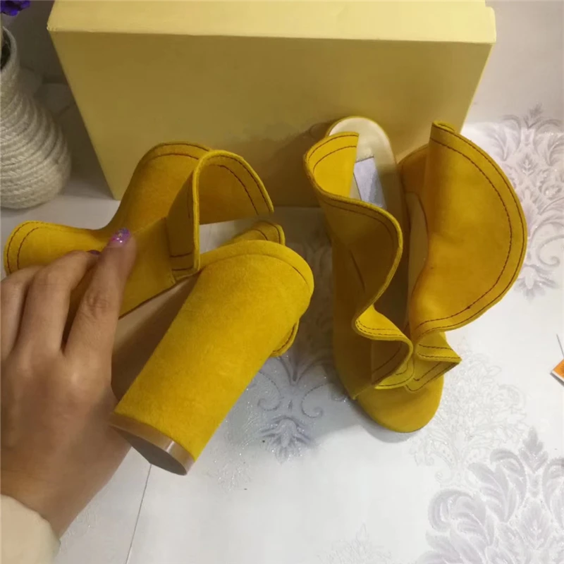 Новое поступление, женские туфли-лодочки с рюшами, с открытым носком, на массивном каблуке, пикантная обувь с ремешком на пятке,, узкие туфли на высоком каблуке для вечеринок