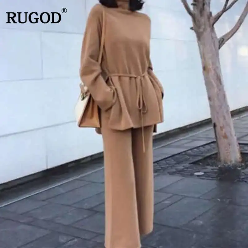 RUGOD осенне-зимний свитер брюки костюмы для женщин теплый свитер с высоким воротом и широкие брюки трикотажные брюки комплект спортивные костюмы Верхняя одежда - Цвет: Хаки