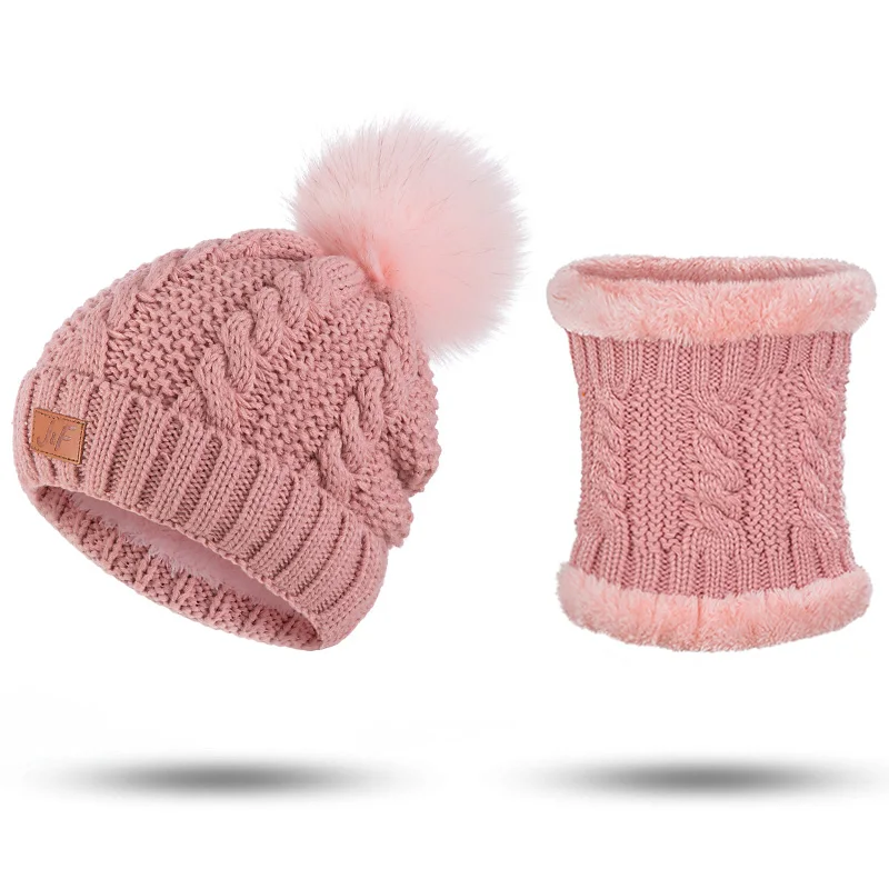 Pink Модная зимняя шапка и шарф; Набор для Для женщин вязаная шапка и шарф для девочек помпоны шапочки вязаные шарфы 2 шт./компл. аксессуары - Цвет: Pink