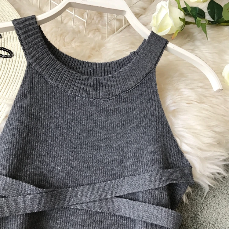YornMona Korean Style Women Bandage Bodycon Dress Summer Split Knitted Party Dresses Elegant Halter Ladies Long Maxi Dres