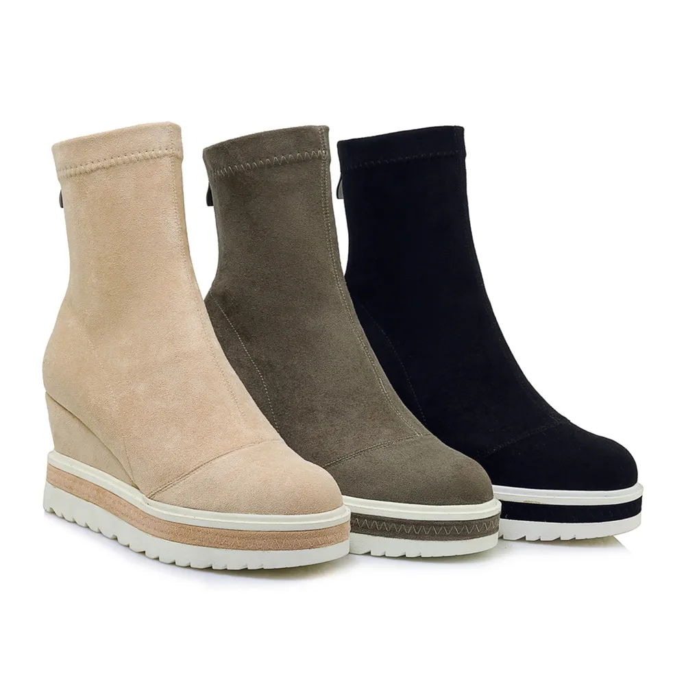 RIBETRINI Brand New women's Genuine Leather Ladies Wedges High Heels Platform Shoes Woman Casual Soft Autumn Ankle Boots