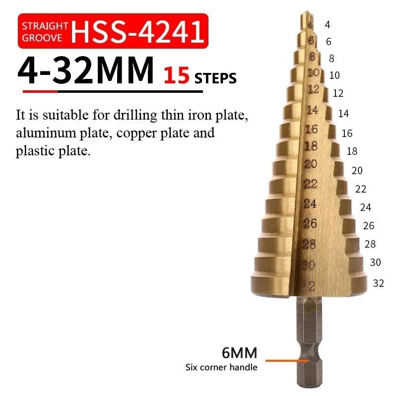 Straight groove 4-32 HSS титановые ступенчатые сверла для металла, дерева с шестигранным хвостовиком, ступенчатое долото 3-12/4-12/4-20/4-32, столярные инструменты, шнековое сверло - Цвет: Straight groove 4-32