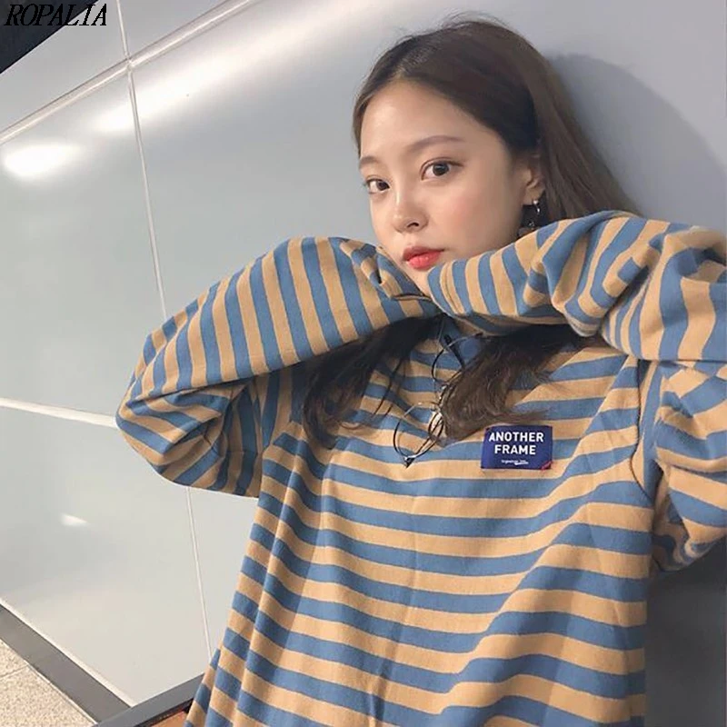 Женский Повседневный Топ в Корейском стиле с круглым вырезом полоску длинным