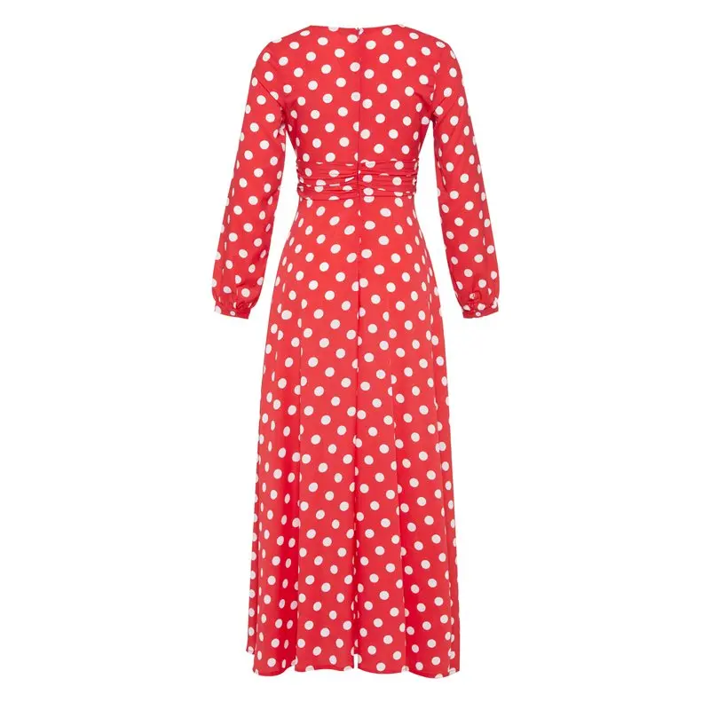 Богемное сексуальное длинное платье в горошек красное женское плиссированное с