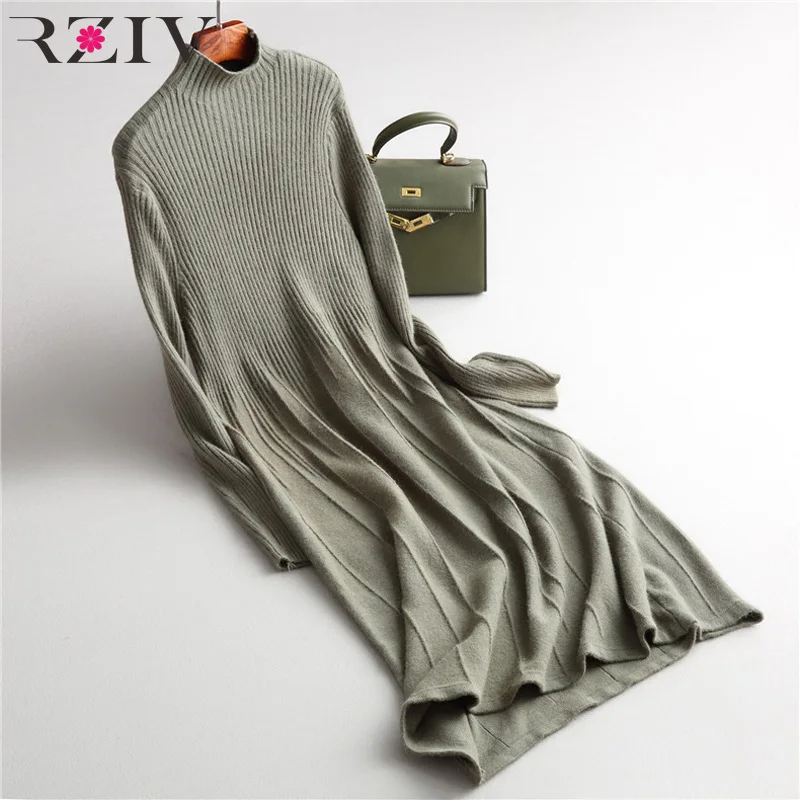 RZIV women sweater dress casual solid color high-necked long-sleeved knitted dress