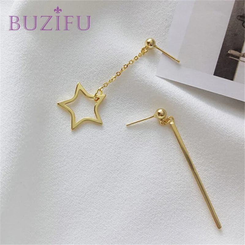 BUZIFU Новый Геометрия асимметрия 925 Silver Star Металл кисточкой серьги для Для женщин