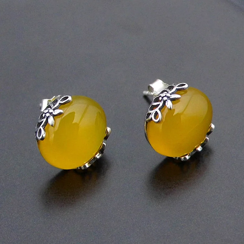 Женские серьги гвоздики из серебра 925 пробы с натуральным желтым агатом|stud
