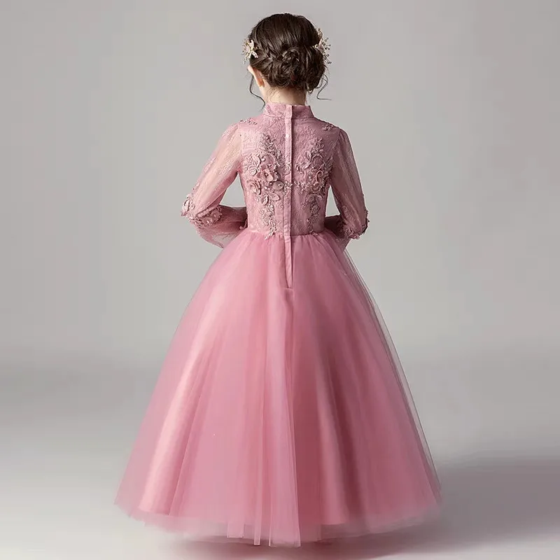 

Children Girls Elegant Princess Christmas Birthday Party Tulle Lace Dress Kids Teens Fashion Flowers Long Sleeves Clothing Dress