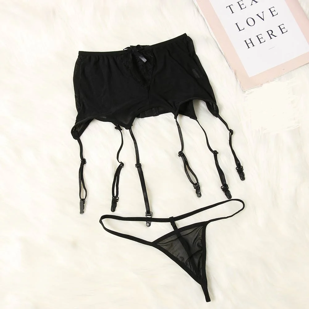 Okdeals Women Fashion Sexy Hollow Babydoll Stocking Suspender Lace Garter Belt+ G-string Thigh-Highs Suspender Set Plus Size