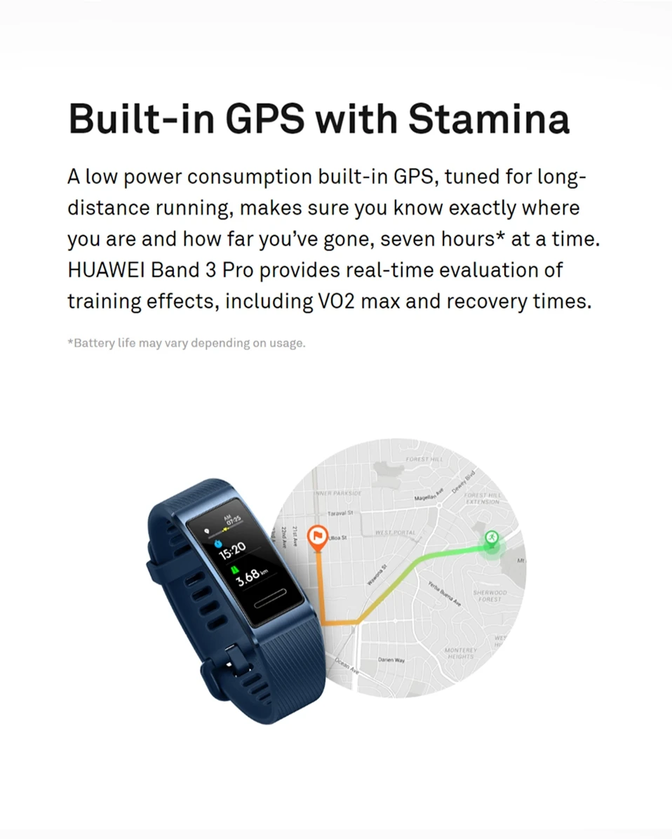 huawei Band 3 Pro gps Amoled 0,95 'Полноцветный Сенсорный Водонепроницаемый металлический браслет с датчиком пульса для плавания и сна