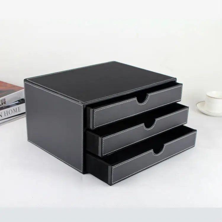 

3-layer 3-drawer Wood Struction Blac Synthetic Leather Desk Filing Cabinet Storage Box Office Organizer Document Container 217A