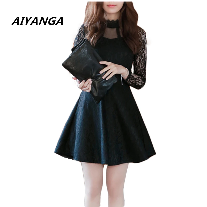 Новинка 2018 года кружевное платье с длинным рукавом для женщин высокой талией