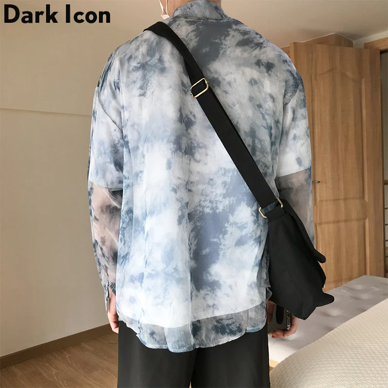 Dark Icon Tie Dyeing Turn-Down Collar Mush Shirts Men 2019 Autumn Street Hip Hop Thin Men’s Shirt Long Sleeve Blue/Grey | Мужская