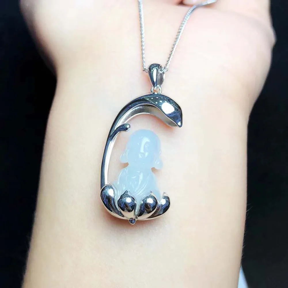 

fine jewelry Emerald ice wuxiang Buddha Buddha 925 silver inlaid jade necklace natural Pendant