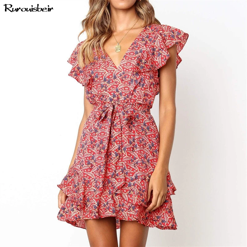 Женское шифоновое пляжное платье с цветочным принтом мини сарафан