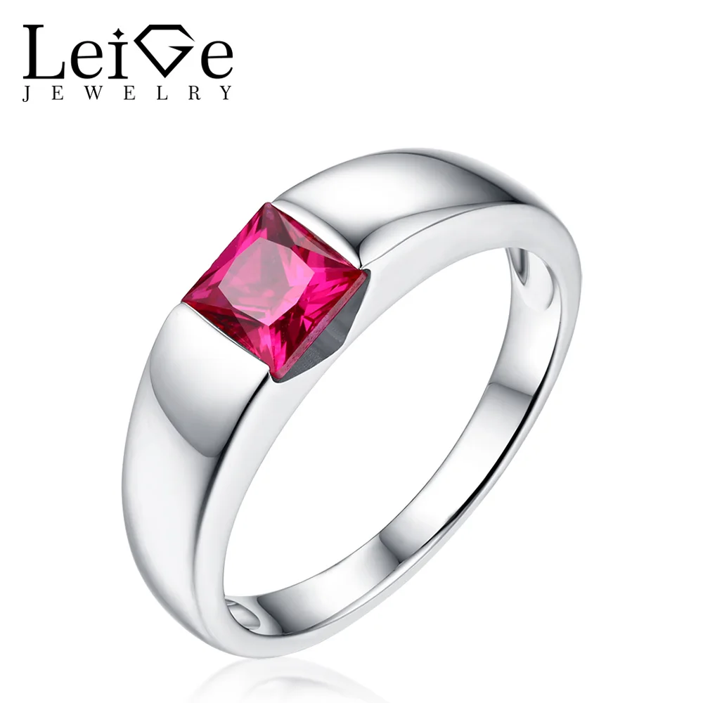 

Leige Jewelry Solitaire Ruby Wedding Ring Square Cut Bezel Setting 925 Sterling Silver Wedding Rings for Women July Birthstone