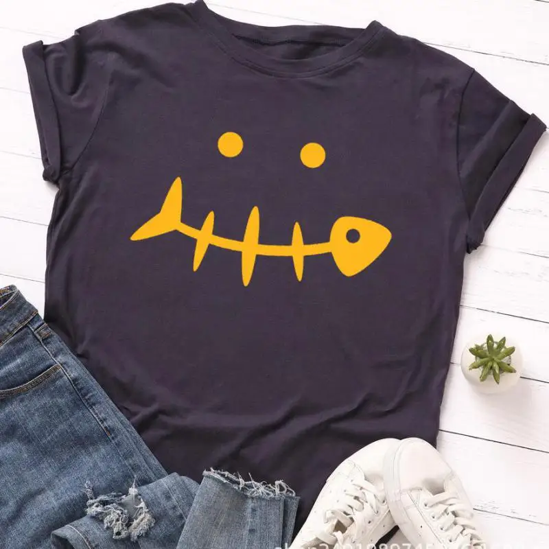 Harajuku/футболка с короткими рукавами рисунком рыбы кости смайлика Женская