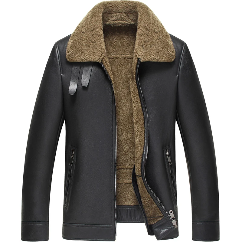 Men's Sheepskin Shearling Coat Black Leather Jacket Long Outerwear ...