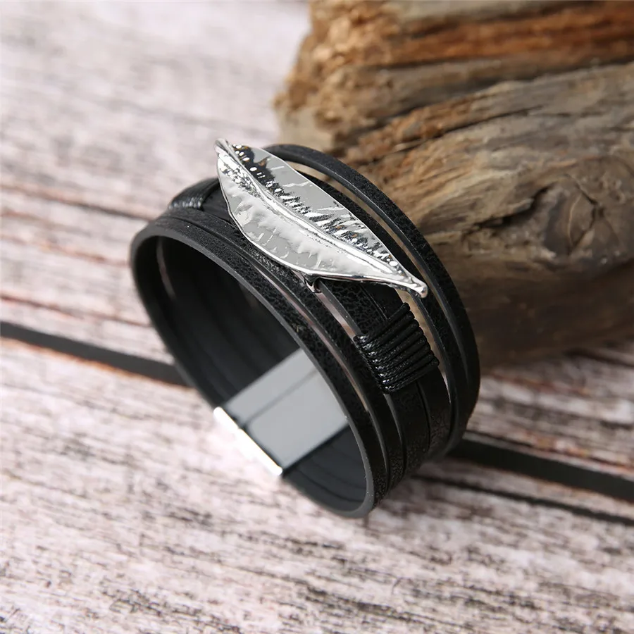 Ckysee Bohemian Multilayer Leaf Charm Bracelet For Women Vintage 2.5mm Wide Leather Wrap Bracelets Bangles Jewelry Gifts | Украшения и