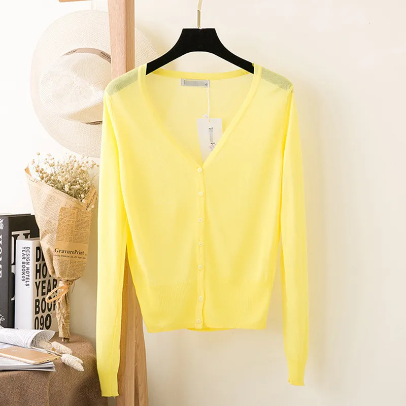 Bright yellow INITIALDREAM, летний женский вязаный тонкий кардиган, пальто, сплошной цвет, v-образный вырез, длинный рукав, свободный Женский Повседневный вязаный кардиган, пальто, топы - Цвет: Bright yellow