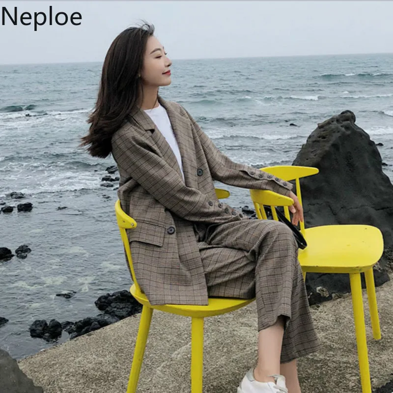 Neploe клетчатый женский комплект из двух предметов, двубортный блейзер с длинным рукавом+ длинные брюки с высокой талией на пуговицах, модные костюмы 43746