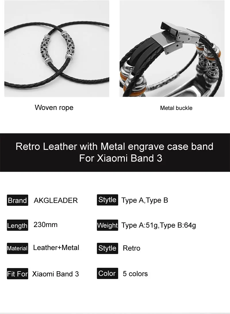 AKGLEADER для Xiaomi mi Band 3 nfc Ретро ремешок для часов из натуральной кожи с ювелирным ремешком металлический гравировальный чехол для mi Band 3