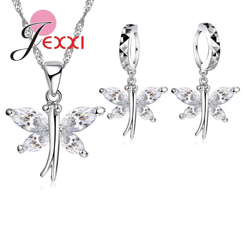 

925 Sterling Silver CrystalButterfly Drop Earrings Collar Necklace Bride Wedding Anniversary Jewelry Sets