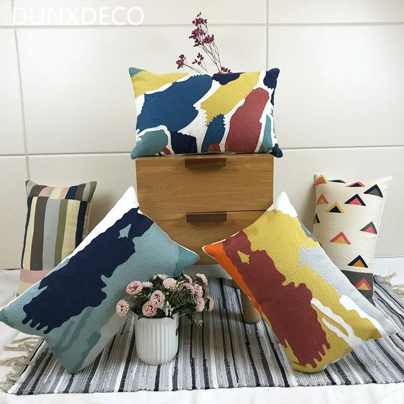 Dunxdeco Наволочка на подушку Декоративная Подушка Чехол современный простой красочные геометрические вышивка хлопчатобумажной ниткой скандинавский диван кресло Декор