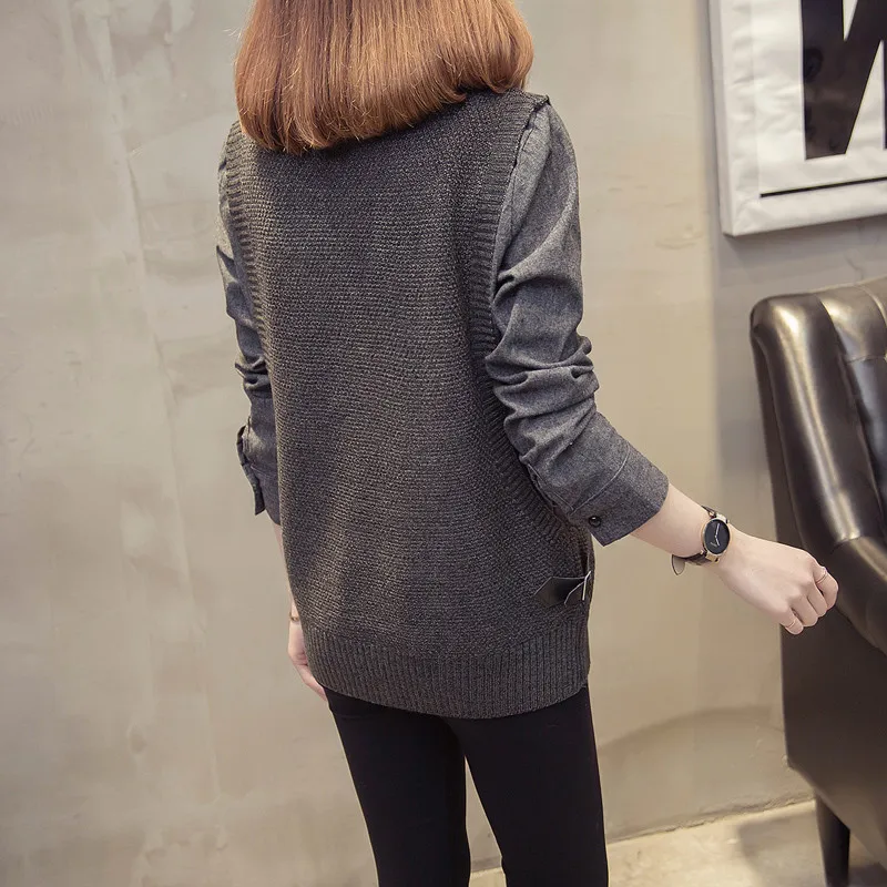 Autumn Winter New Women Fashion Sweater Shirt and Knitted Vest Fake Two Pieces Sweaters Black Khaki Gray Burgundy Green Tops | Женская