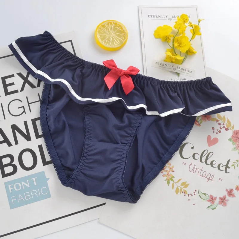 Blue Navy SP& CITY японский стиль косплей мультфильм трусики женские Сексуальные темно-синие волнистые кружева нижнее белье милые девушки лук молочного шелка оборками белье JK - Цвет: Blue Navy