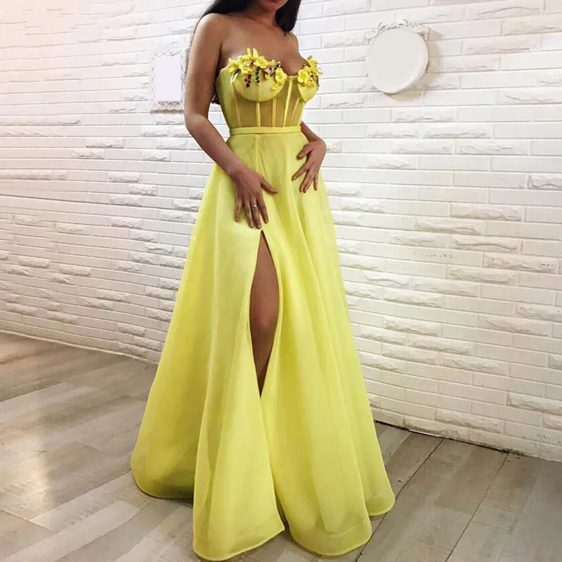 Yellow Muslim Evening Dresses A-line Sweetheart Tulle Flowers Slit Islamic Dubai Saudi Arabic Long Formal Gown | Свадьбы и торжества