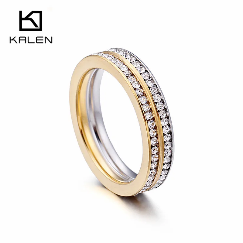 KALEN Модные кольца для женщин три цвета из нержавеющей стали и все Rhinestone кольца для пальцев Свадебные наборы женские ювелирные кольца Подарки - Цвет основного камня: Gold-silver