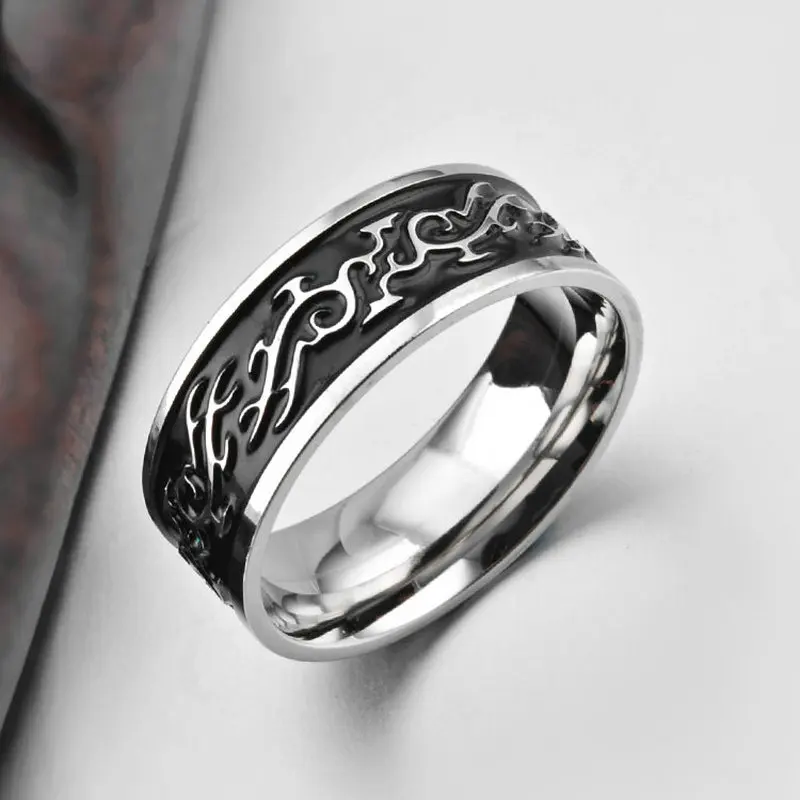 AMGJek кольцо из титановой стали мужское панк-украшение с черным эмалевым драконом и серебряным металлом внутри, размер США 7-11 JZ075.