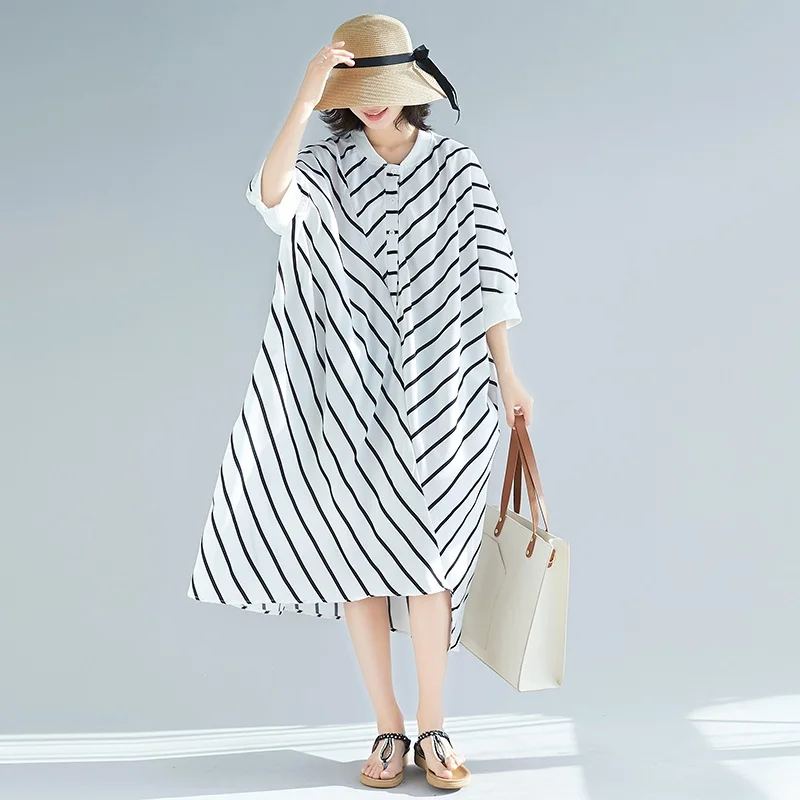 white black stripe vintage plus size women casual loose long spring summer shirt dress elegant clothes 2020 ladies dresses | Женская