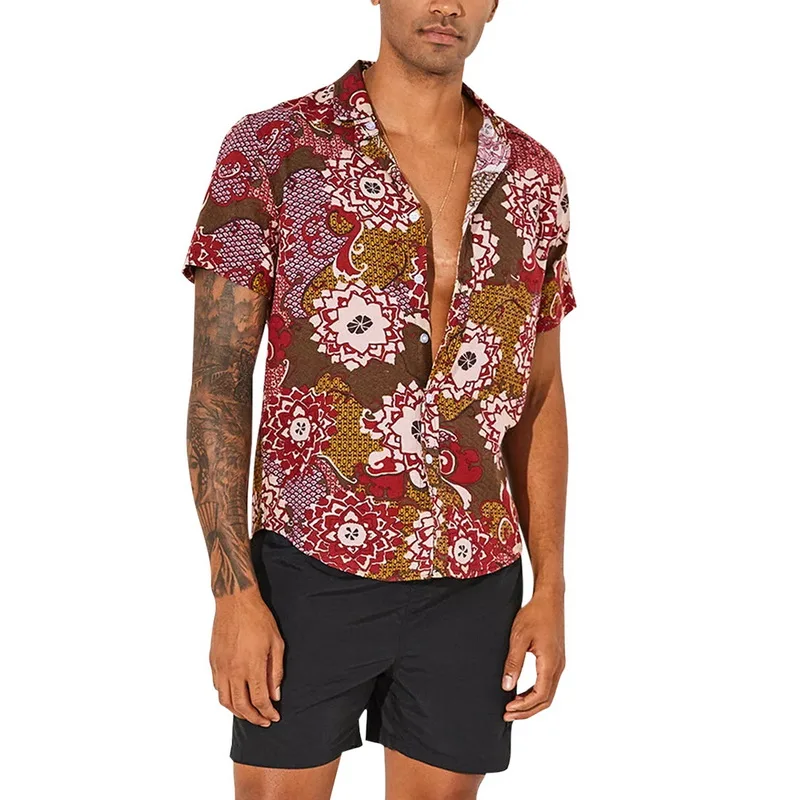 MJARTORIA Men's Retro Beach Shirt Fashion Floral Print Short Sleeve Casual Button Down Ethnic Style Shirt
