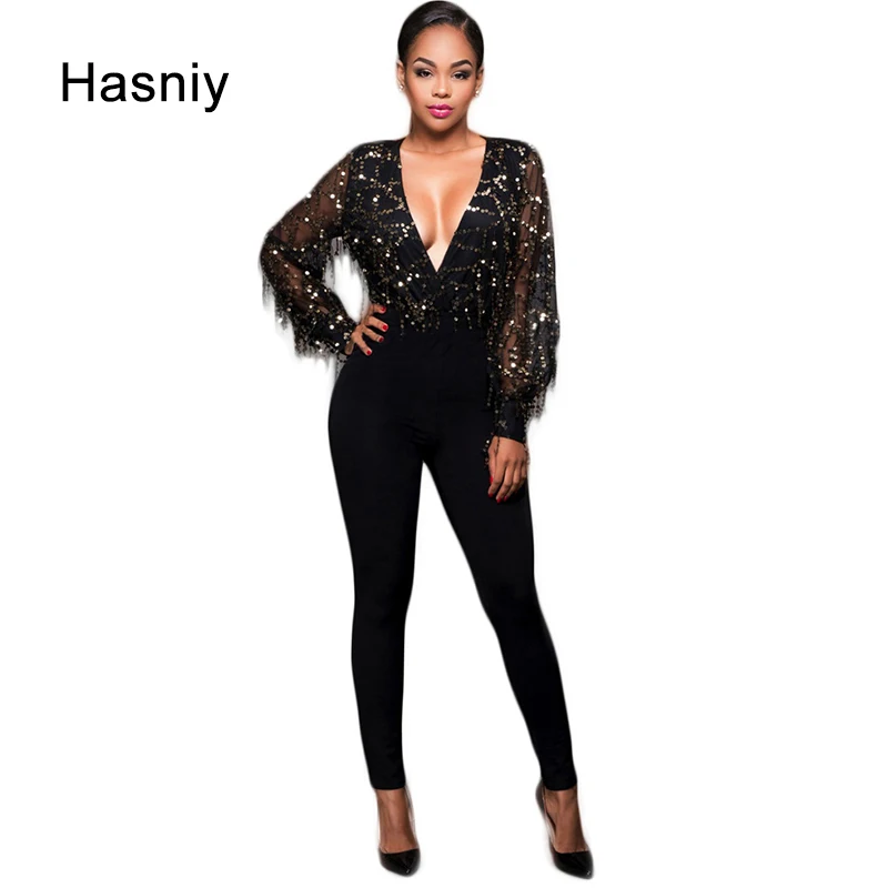 Hasniy v neck sexy sequined jumpsuits rompers women vintage mesh transparent playsuits female casual skinny mujer | Женская одежда