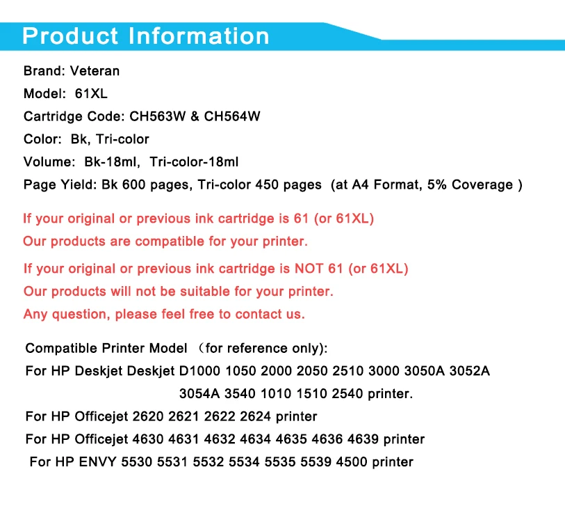 Ветеран Совместимость 61XL чернильный картридж для hp 61 hp 61 xl для hp Envy 4500 4502 5530 с чернилами hp Deskjet 1050 2050 3050 3054 3000 1000 принтер