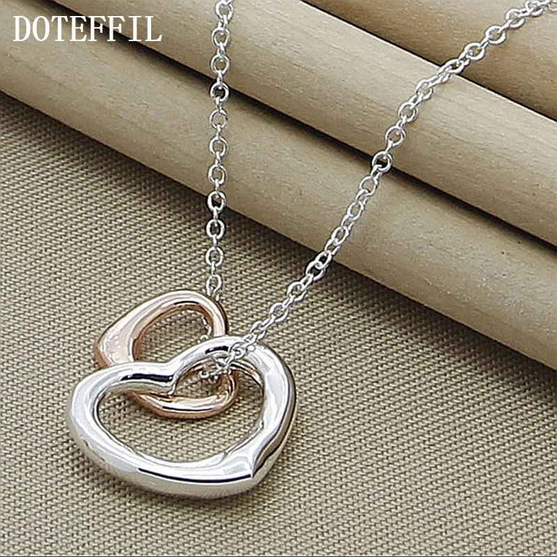 DOTEFFIL 925 Sterling Silver 18 Inch Chain Rose Gold Double Heart Pendant Necklace For Women Wedding Engagement Fashion Jewelry | Украшения