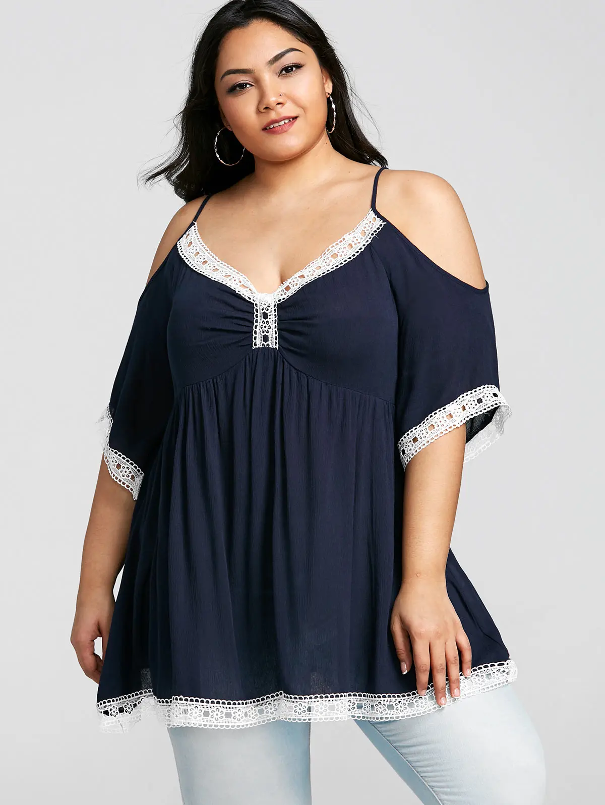 Летняя футболка с открытыми плечами Wipalo большие размеры женские топы кружевной