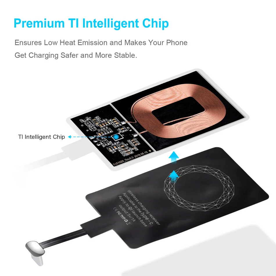 CHOETECH type C беспроводной зарядный приемник USB-C Qi Беспроводное зарядное устройство приемник для iPhone 5S 7 6 Plus samsung Xiaomi huawei