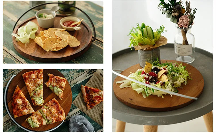 

Acacia wood Tray with Handle Serving Trays Round Wooden Pallets Storage Plate for Home/Hotel Tableware Household Dessert