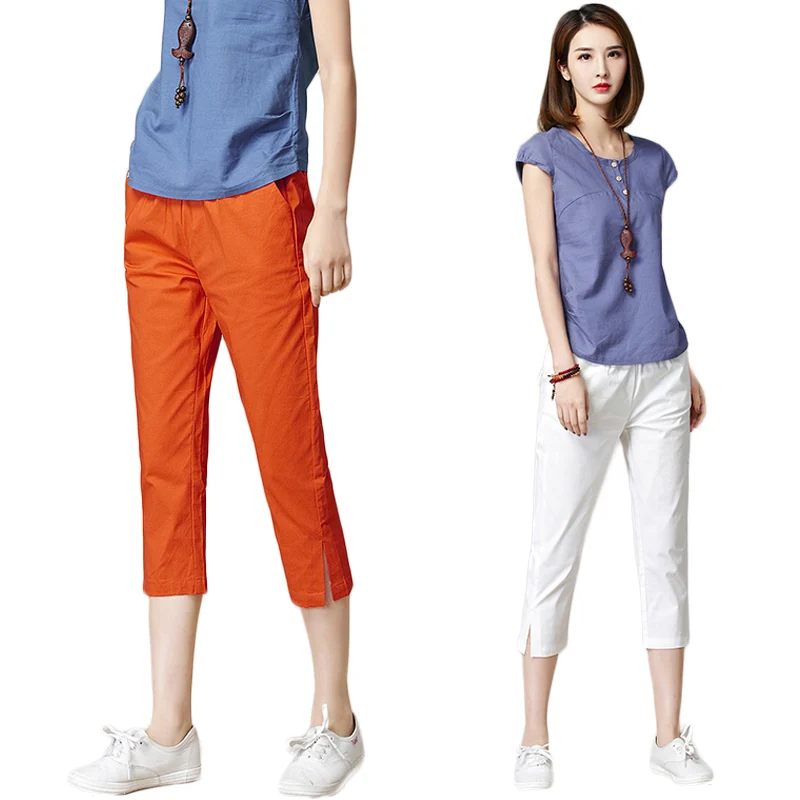 Летние популярные однотонные шаровары с эластичной резинкой на талии Капри для