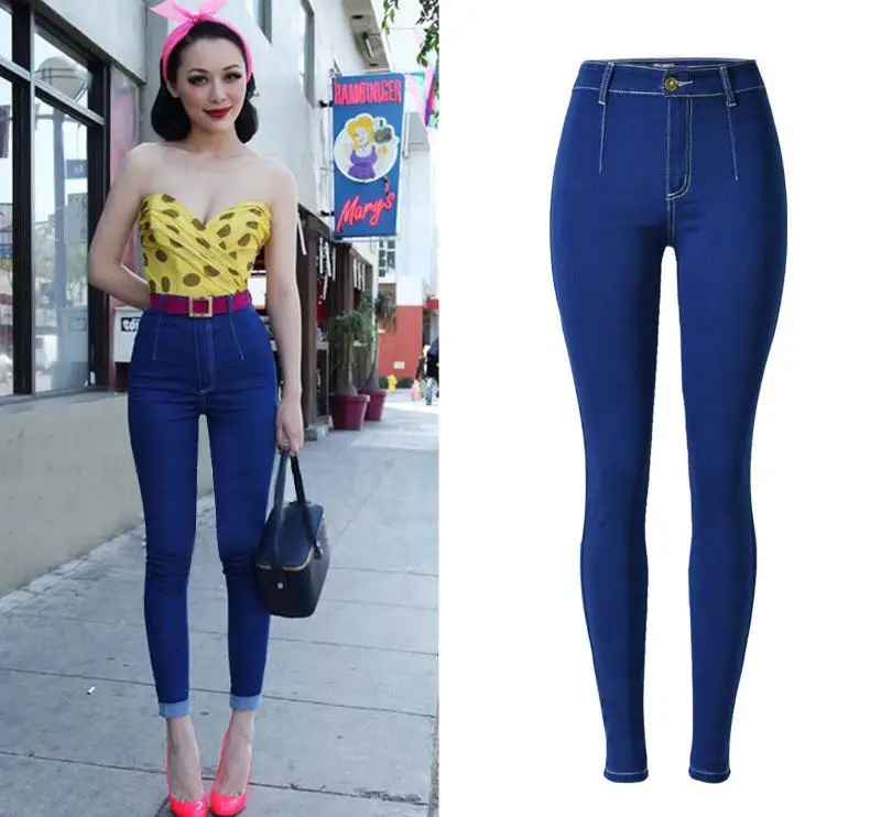 Европейский Поп Карамельный Цвет Тонкий стрейч джинсы Уличная Высокая талия