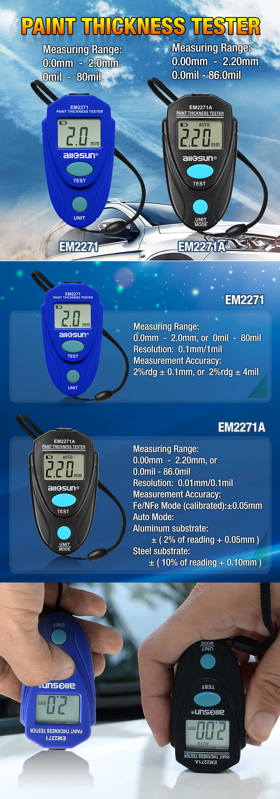 All sun all-sun EM2271 EM2271A цифровой мини автомобильный толщиномер автомобильный тестер краски толщиномер покрытия Корабль из России