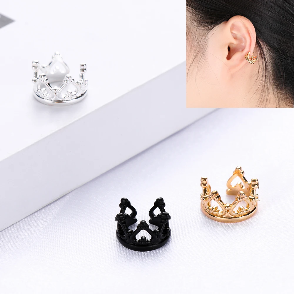 1pair Punk Rock Crystal Crown U-shaped Ear Earrings Fashion Women Clip Cuff Wrap No Piercing-Clip On