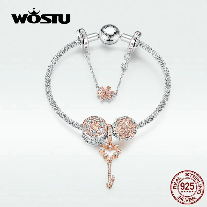 WOSTU подлинный 925 пробы Серебряный персиковый цвет браслет и браслет Новое поступление круглый и ключ бусины ювелирные изделия DXB824