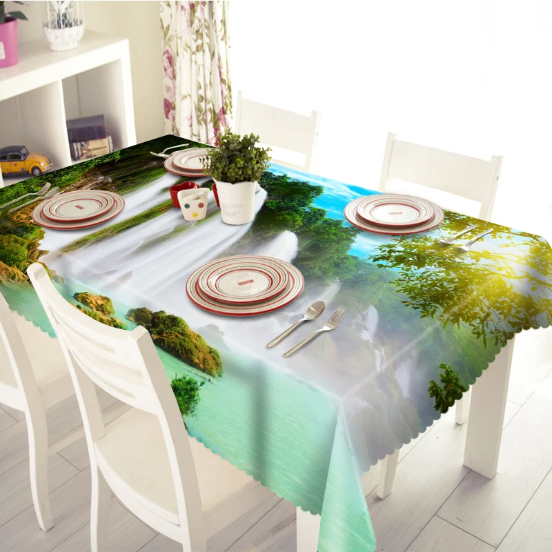 

Pastoral style Polyester 3d Tablecloth Green Forest Falls Scenic Pattern Dustproof Rectangular&Round Table Cloth for Dining Room