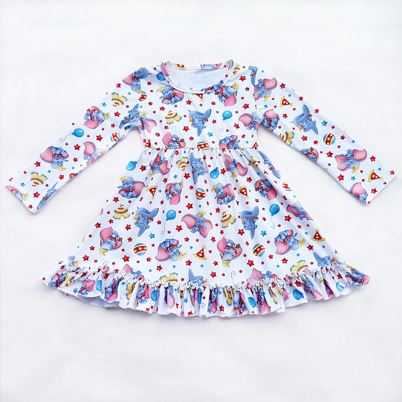 Fall/winter Kids Long Sleeve Dress Baby Girls Cartoon Elephant Print Boutique Clothing Ruffle Milk Silk 12M to 7T Available | Детская