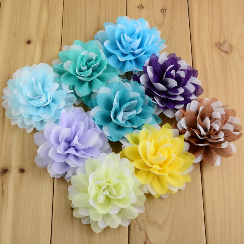 100 шт./лот 20 цветов Детские Многослойные блестящие шифоновые цветы 8 см для