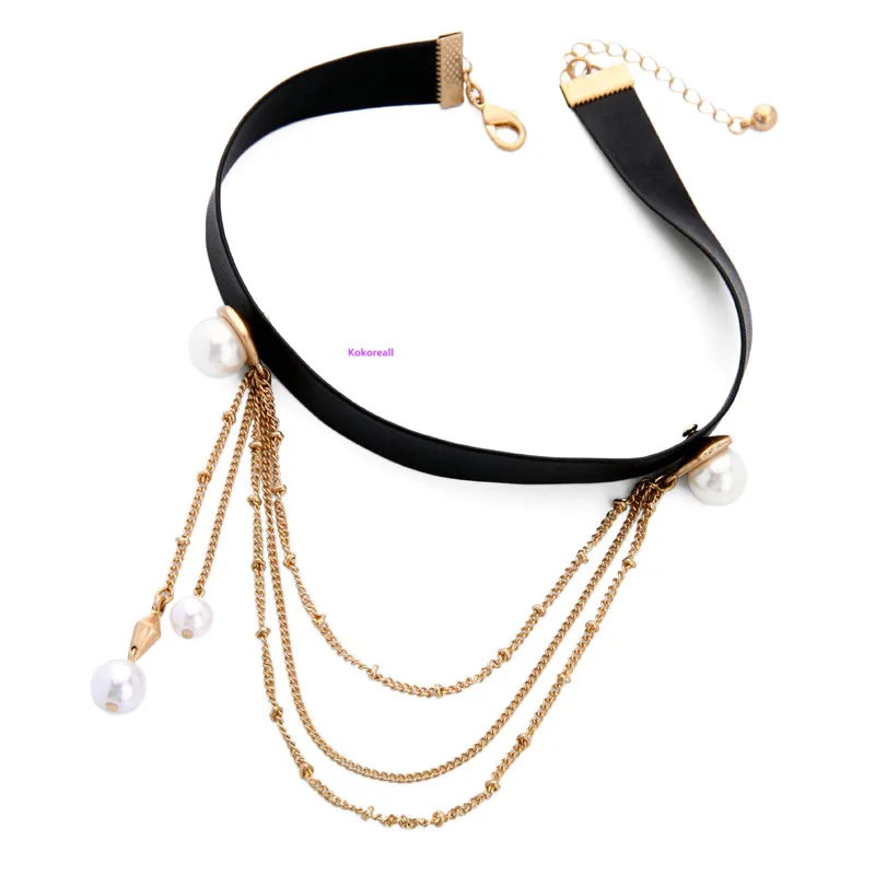 Punk Style Luxury Simulated Pearl Multi Layer Tassel Leather Chokers Necklace VN613 | Украшения и аксессуары